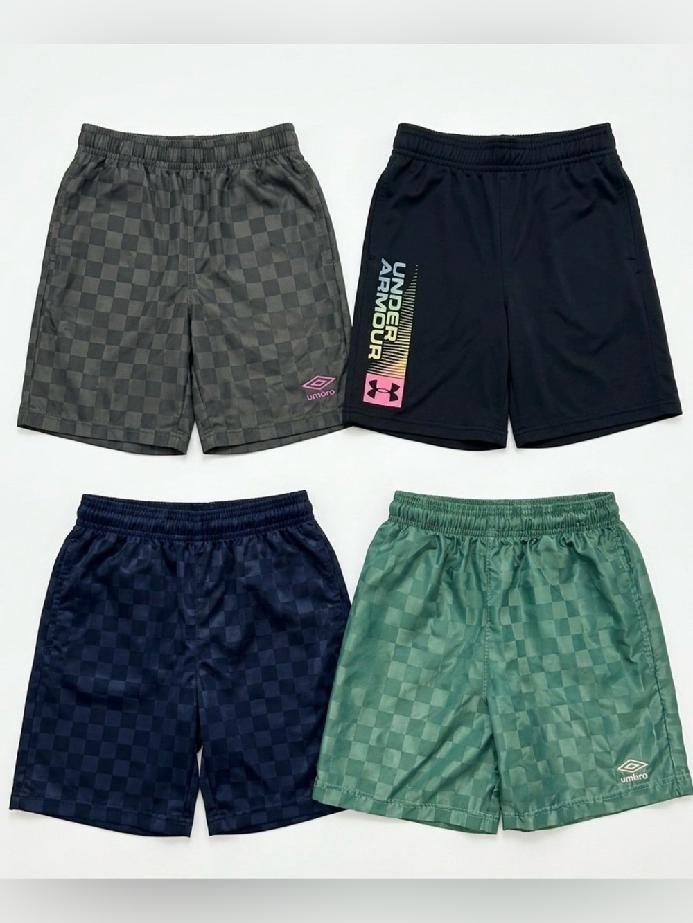 BUNDLE of 4 Umbro boys' athletic  shorts with a embossed retro checkered pattern